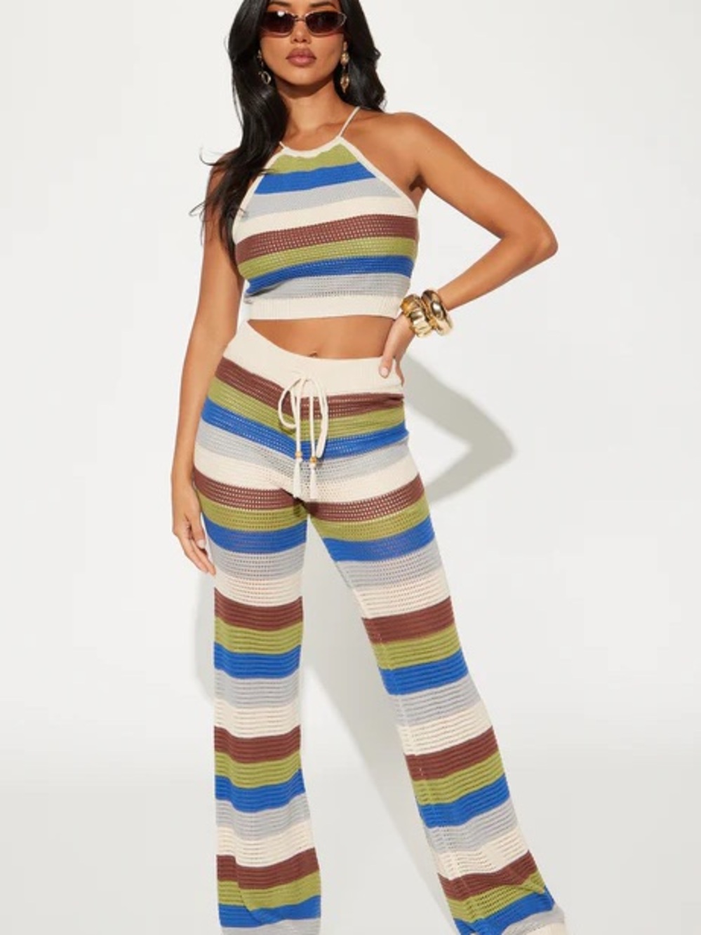 Striped Crochet Wide-Leg Pants - Cream, Blue & Green